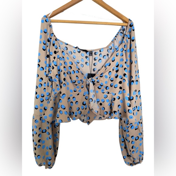 4/$20 Vero Moda polka dot ruffle blue balloon sleeve tie knot blouse- size XL - Picture 1 of 11